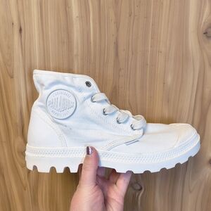 Palladium Off-White High-Top Canvas Sneaker with Gray Interior, Size 9.5